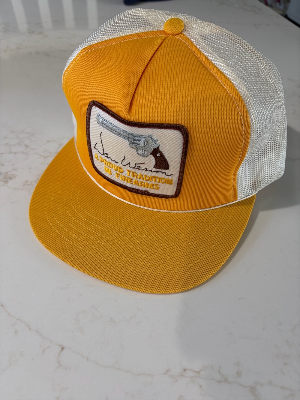 Vintage 80s Dan Wesson Firearms Trucker Hat Yellow Mesh Patch Snapback Young An